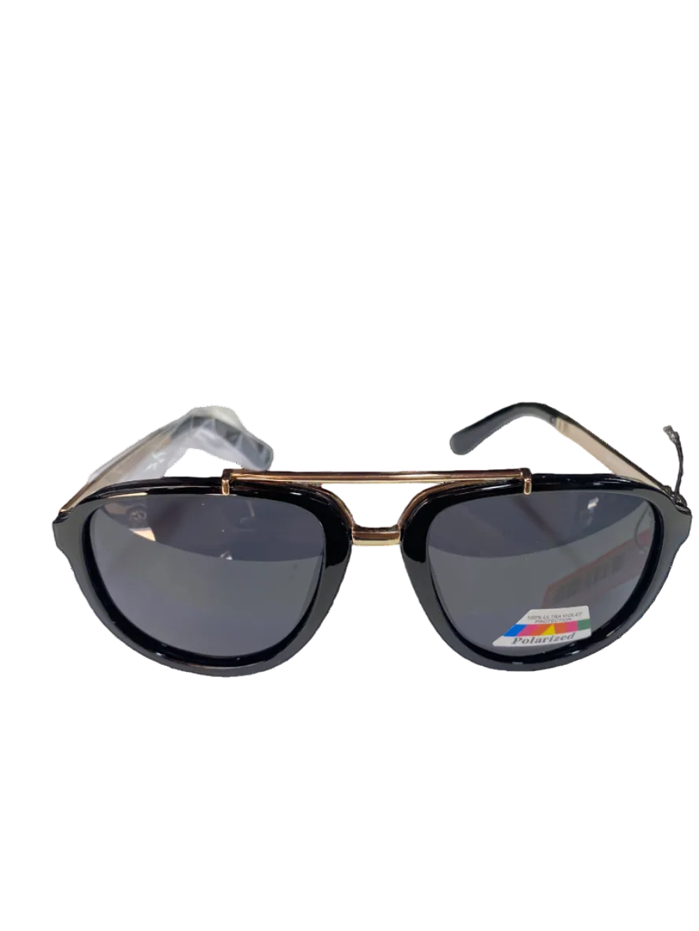 Sunglasses with black lenses and gold frame.