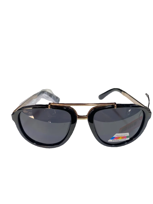 Sunglasses with black lenses and gold frame.
