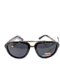 Sunglasses with black lenses and gold frame.