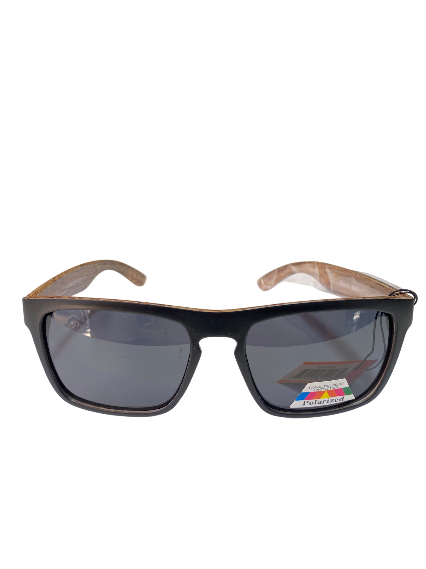 Sunglasses with black frame and dark lenses on a white background