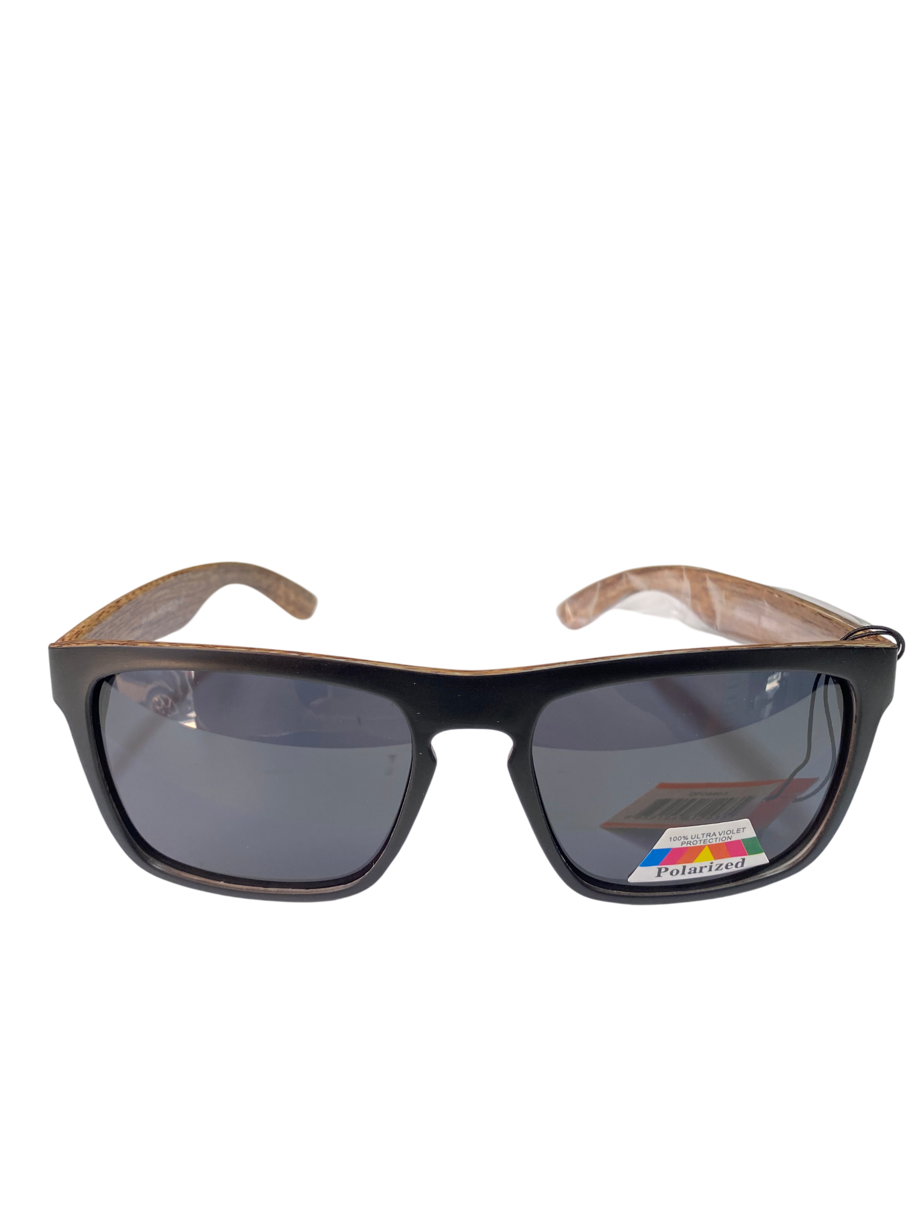 Sunglasses with black frame and dark lenses on a white background