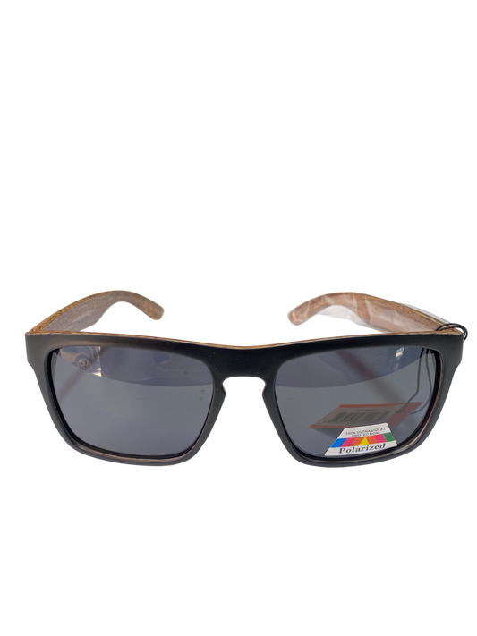 Sunglasses with black frame and dark lenses on a white background