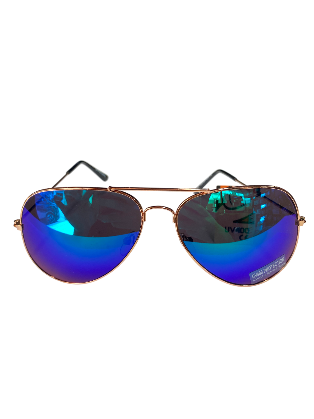 Aviator style sunglasses featuring a metallic gold frame and blue mirrored lenses (1pcs)