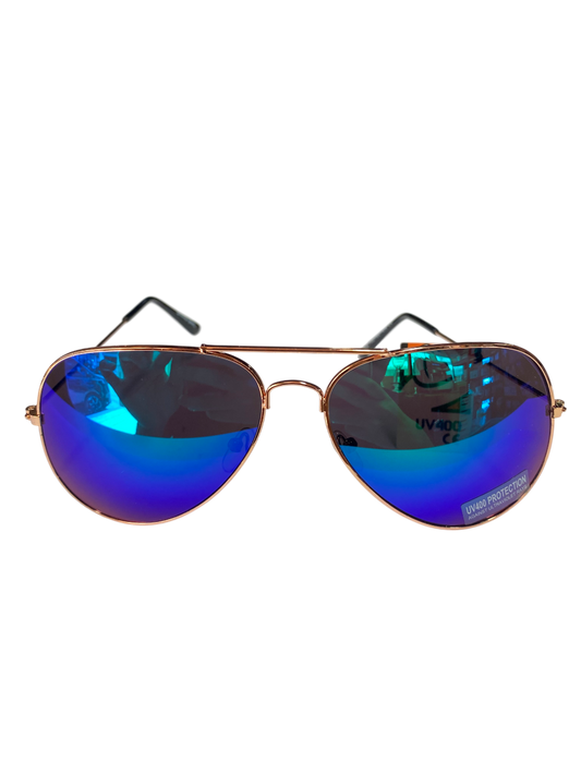 Aviator style sunglasses featuring a metallic gold frame and blue mirrored lenses (1pcs)
