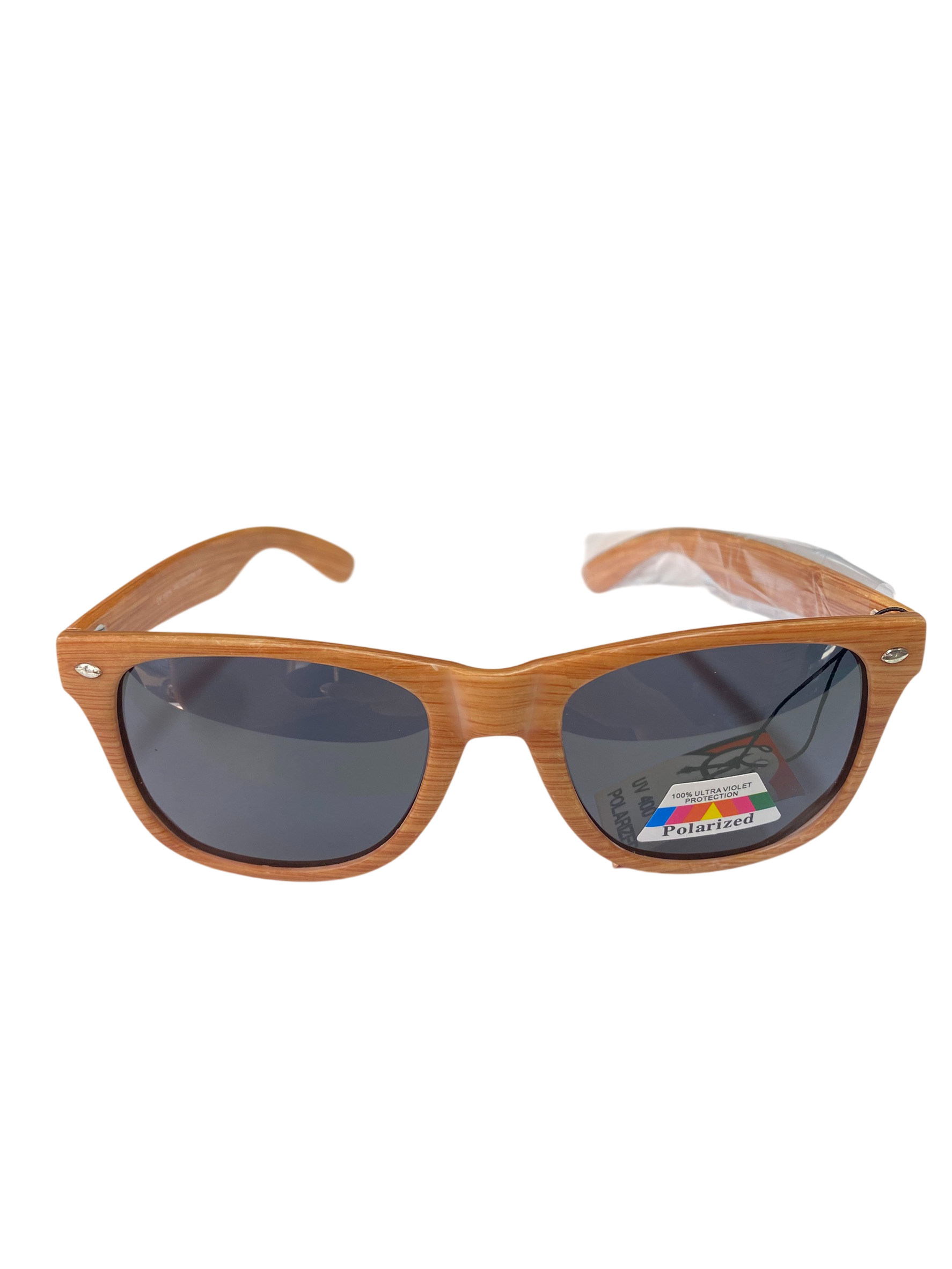 Wooden-framed sunglasses with dark lenses on a white background