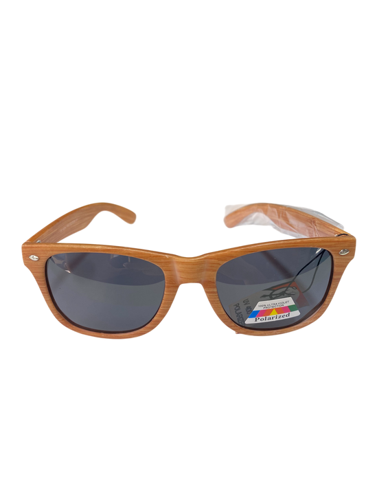 Wooden-framed sunglasses with dark lenses on a white background