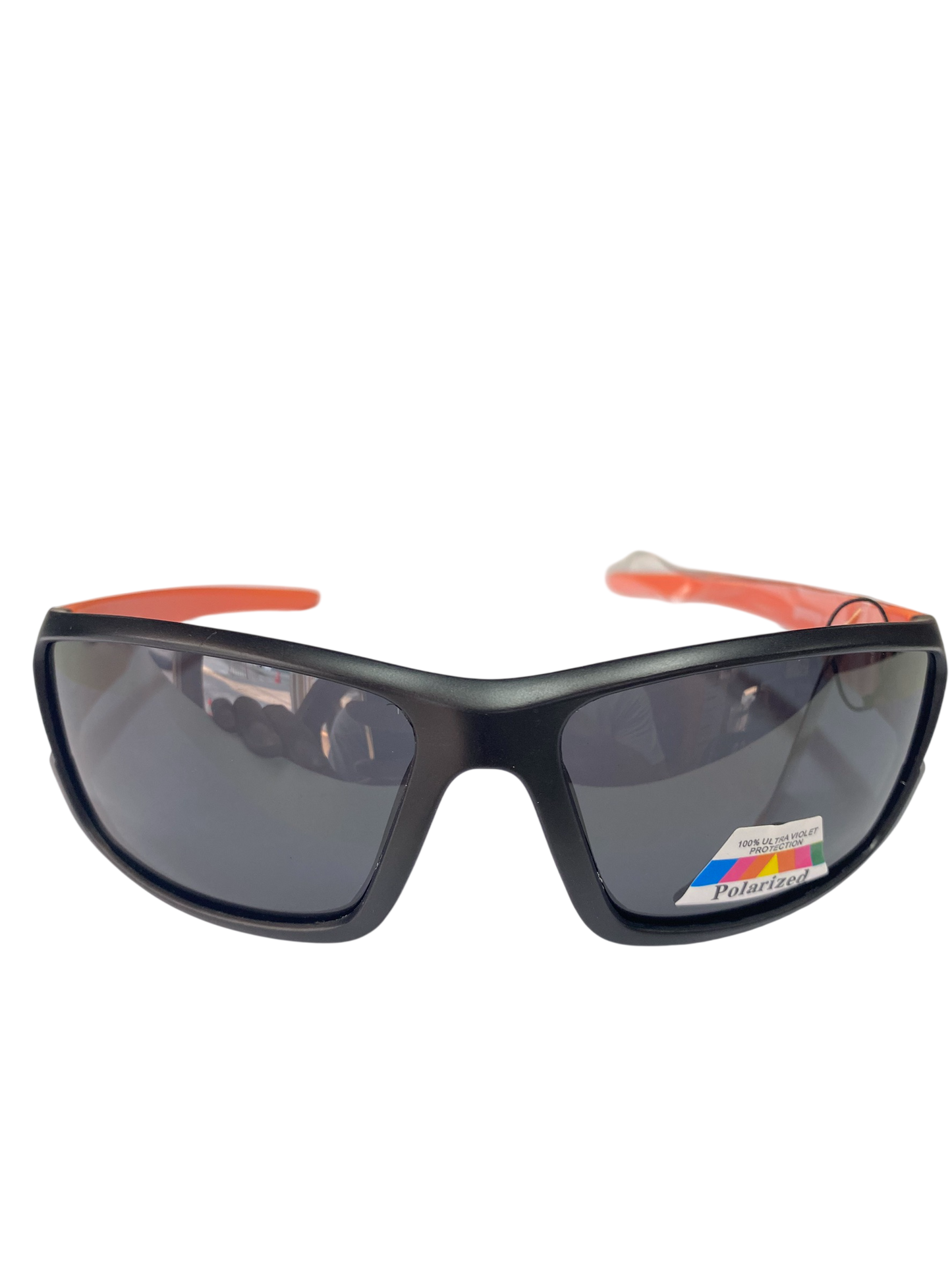 Sunglasses with black frame and orange arms on a white background