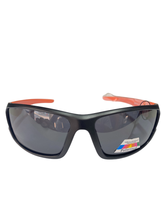 Sunglasses with black frame and orange arms on a white background