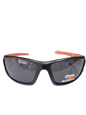 Sunglasses with black frame and orange arms on a white background
