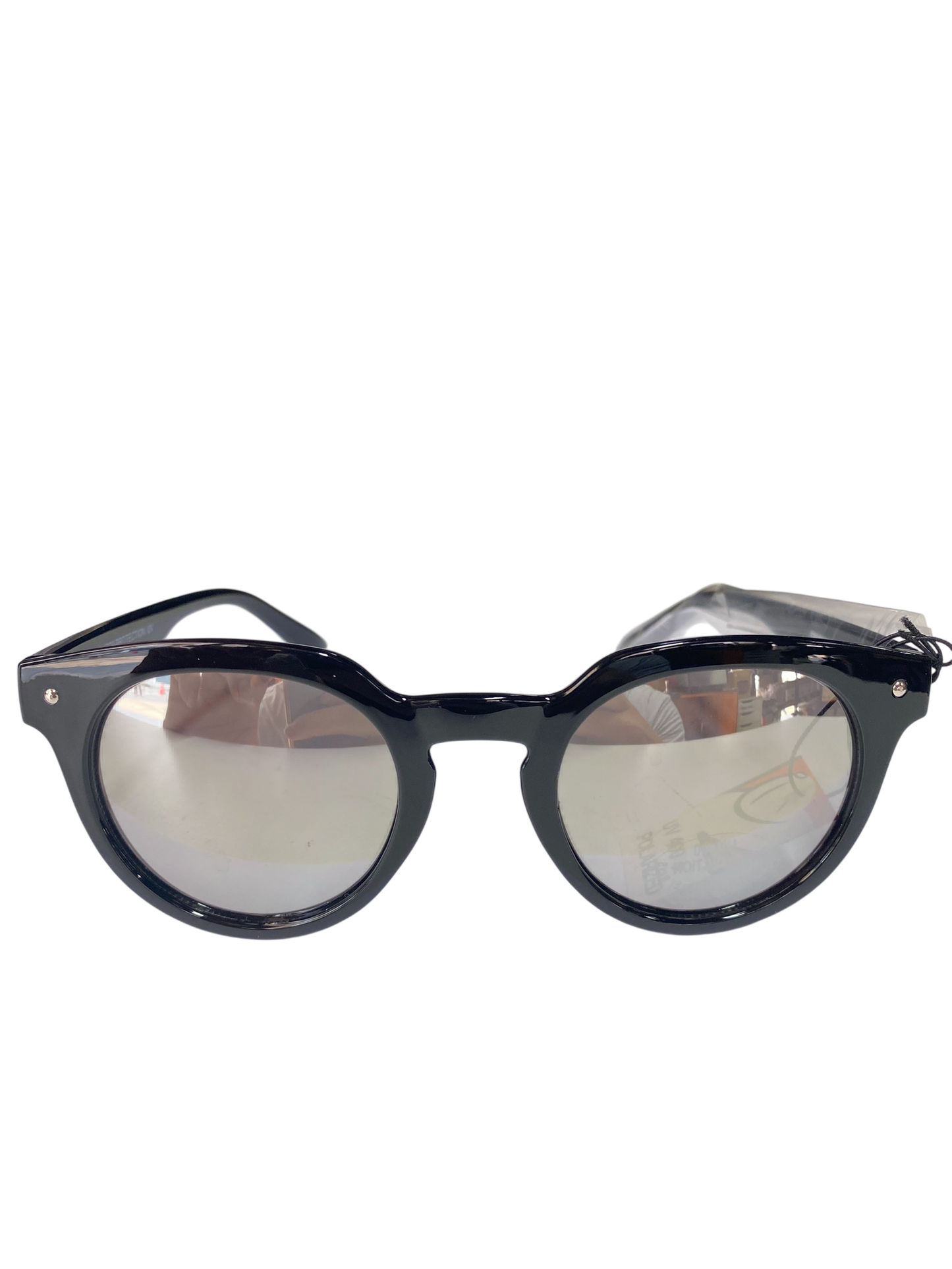 Black round sunglasses with reflective lenses on a white background