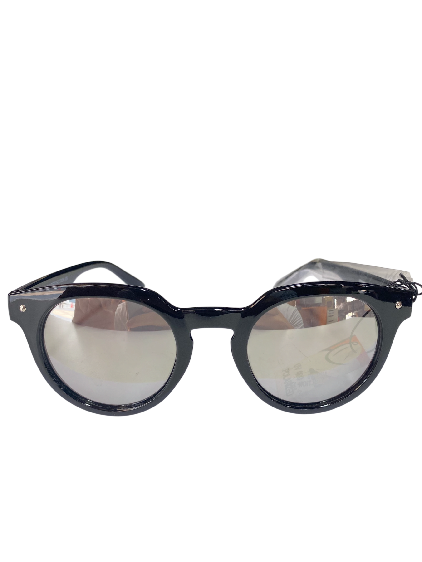 Black round sunglasses with reflective lenses on a white background