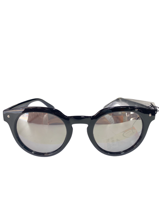Black round sunglasses with reflective lenses on a white background