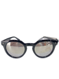 Black round sunglasses with reflective lenses on a white background