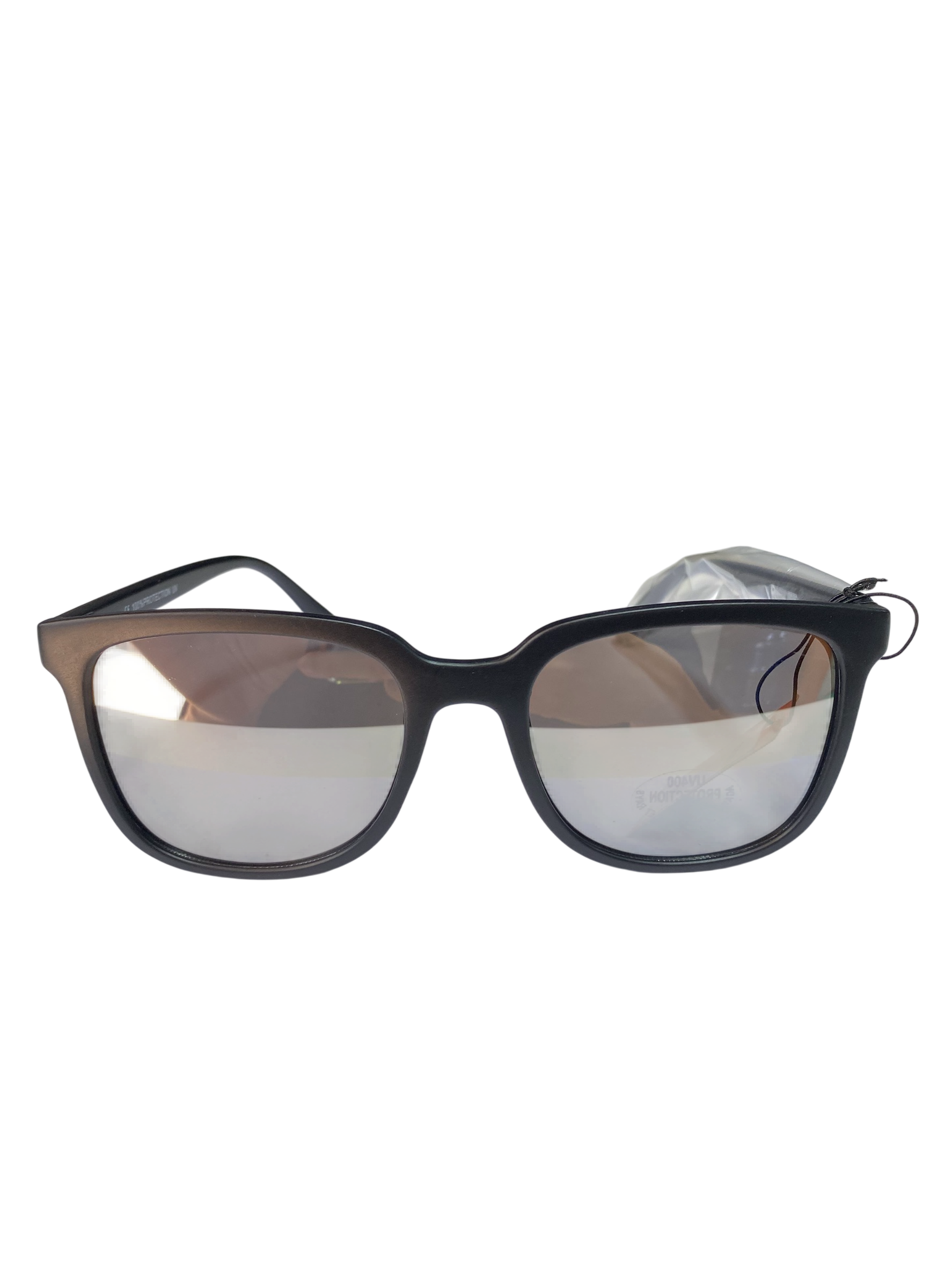Black sunglasses with reflective lenses on a white background