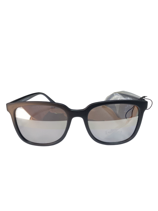 Black sunglasses with reflective lenses on a white background