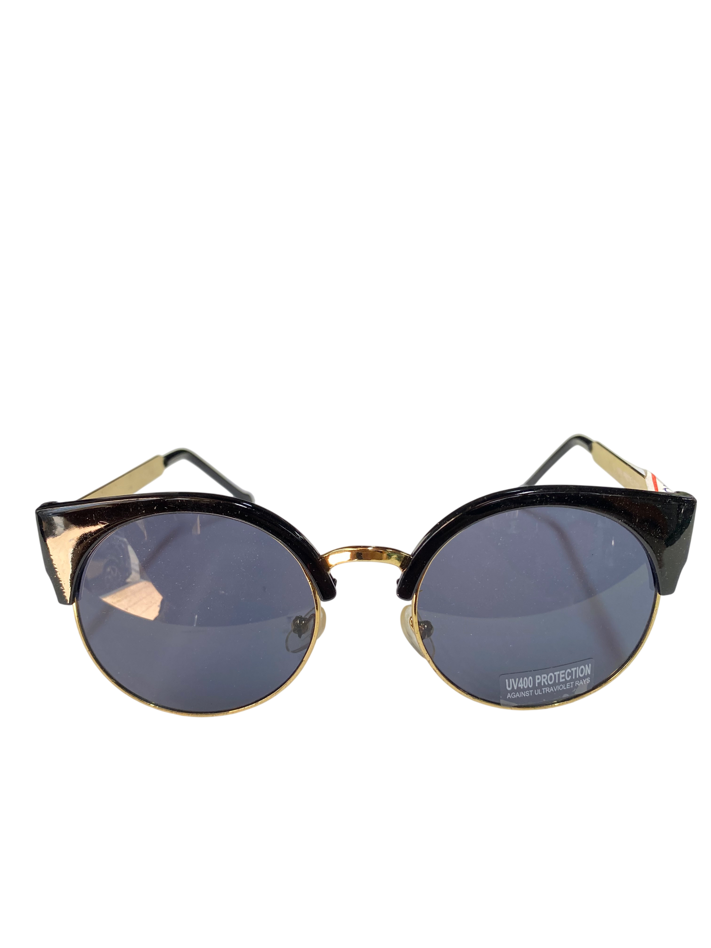 Sunglasses with black and gold frame on a white background
