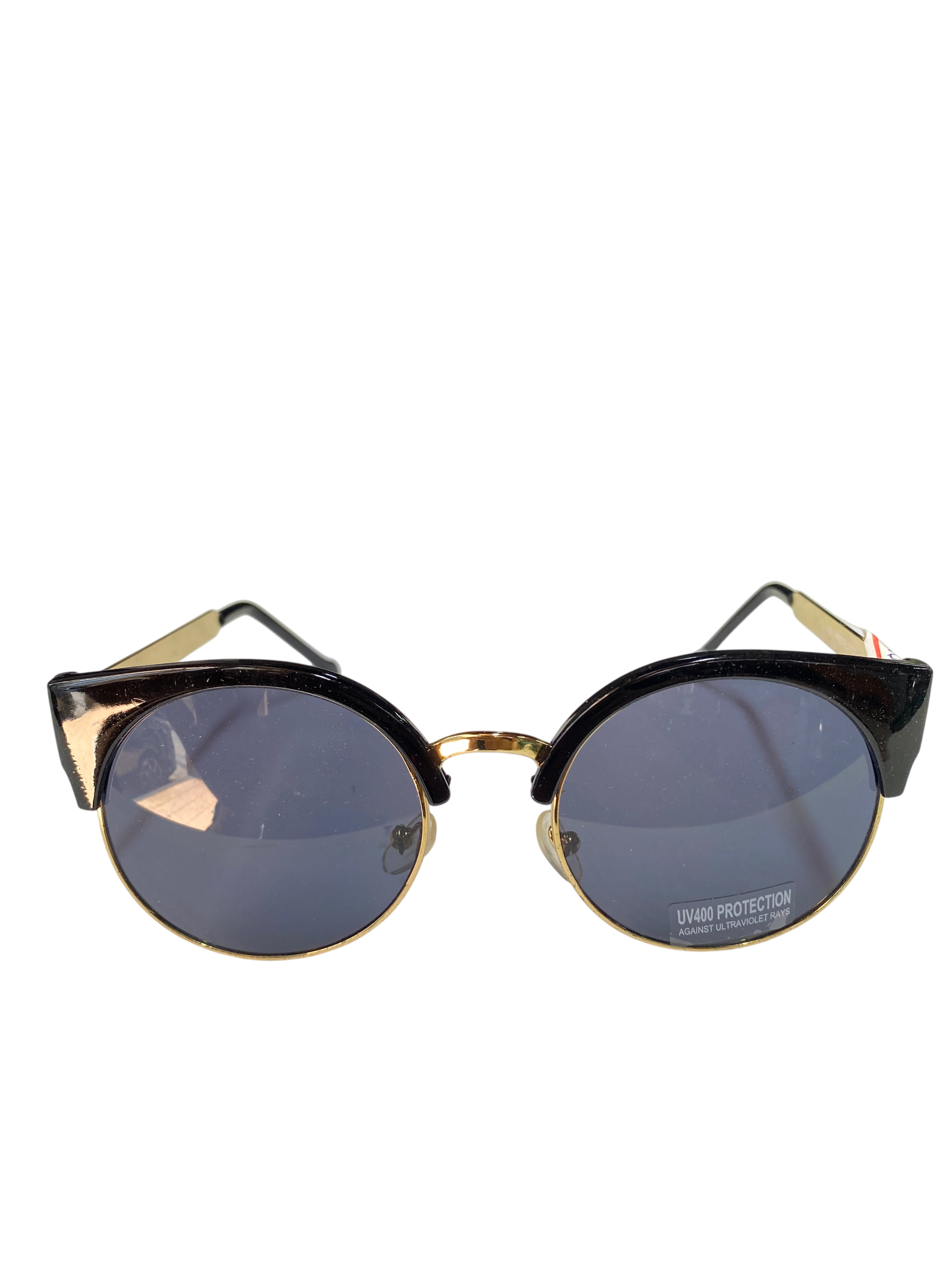 Sunglasses with black and gold frame on a white background