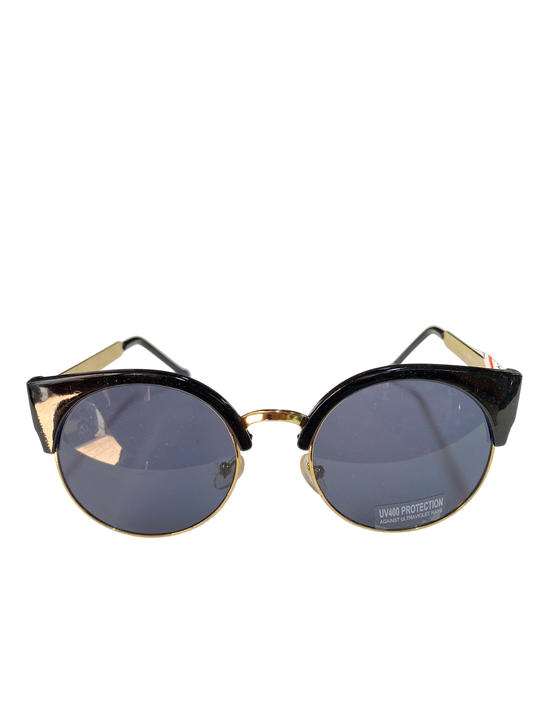 Sunglasses with black and gold frame on a white background