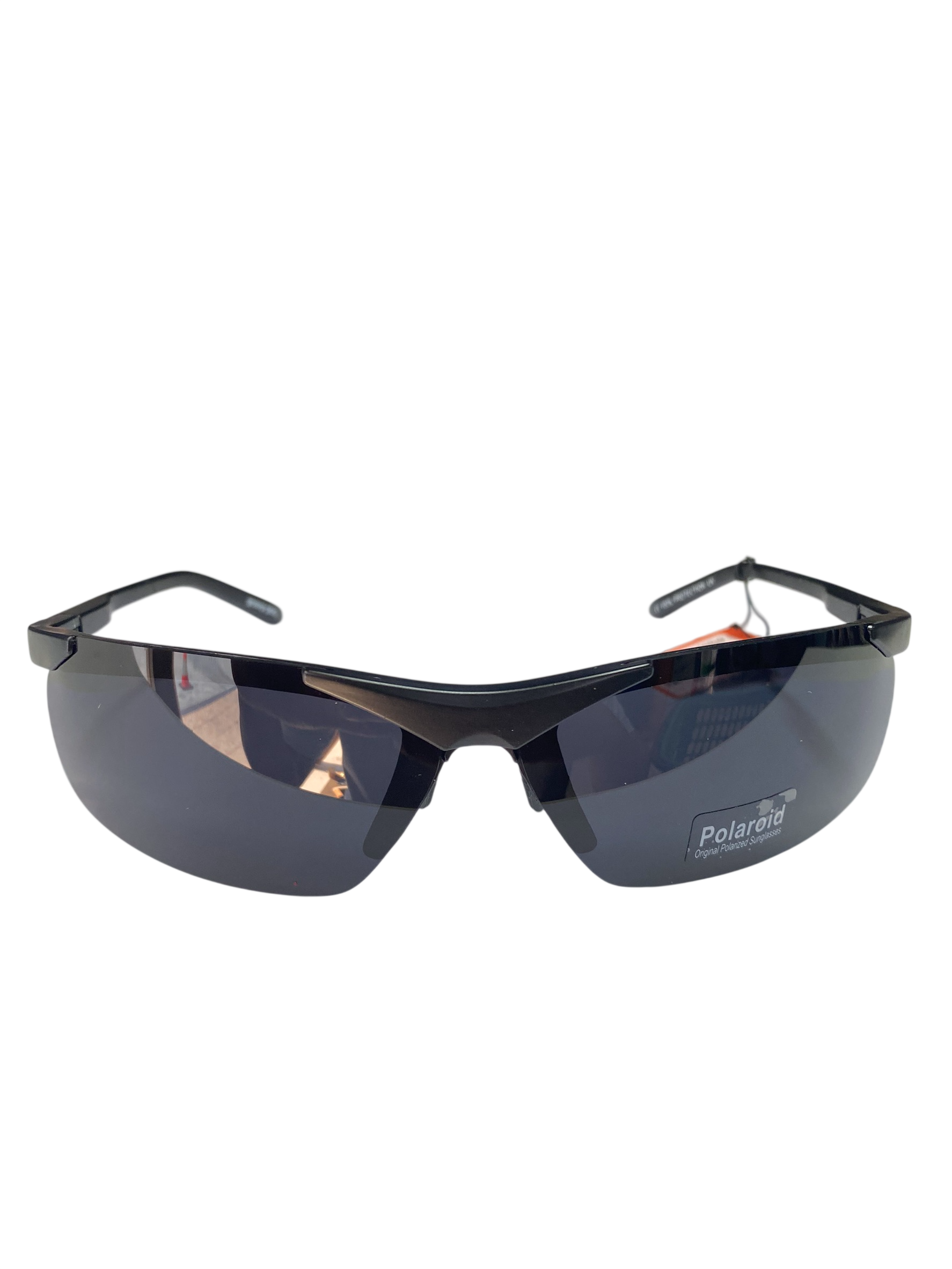 Black sunglasses with reflective lenses on a white background