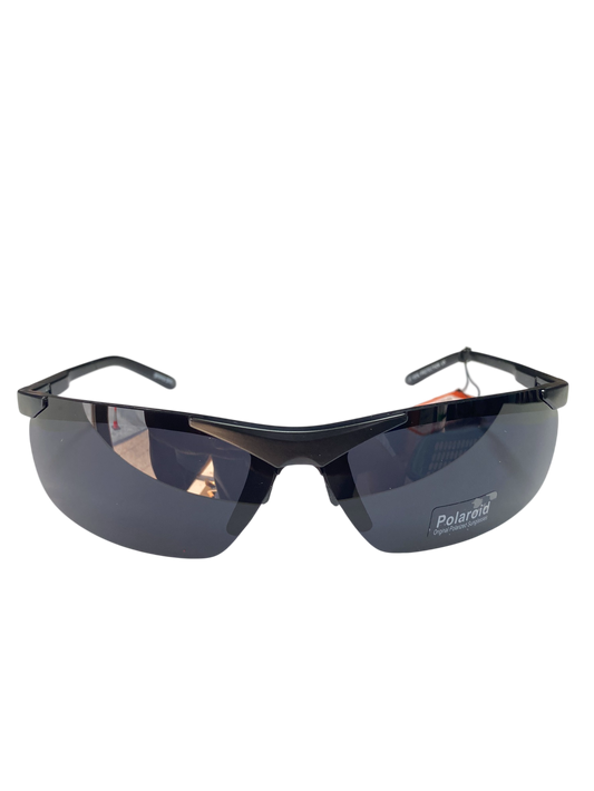 Black sunglasses with reflective lenses on a white background