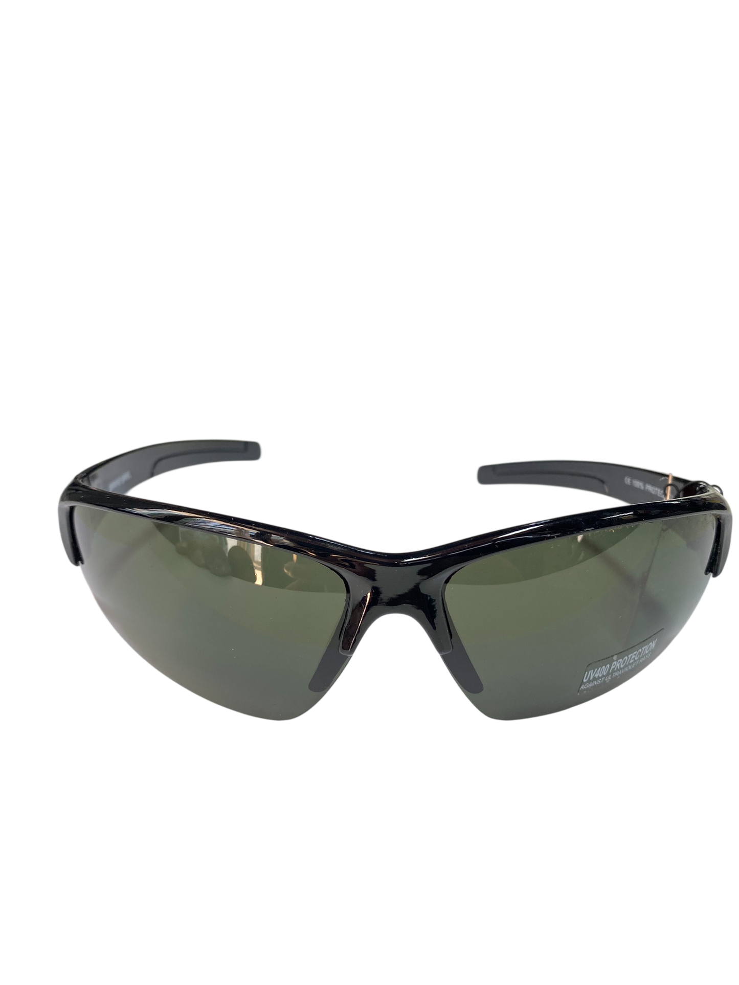 Black sunglasses with green lenses on a white background
