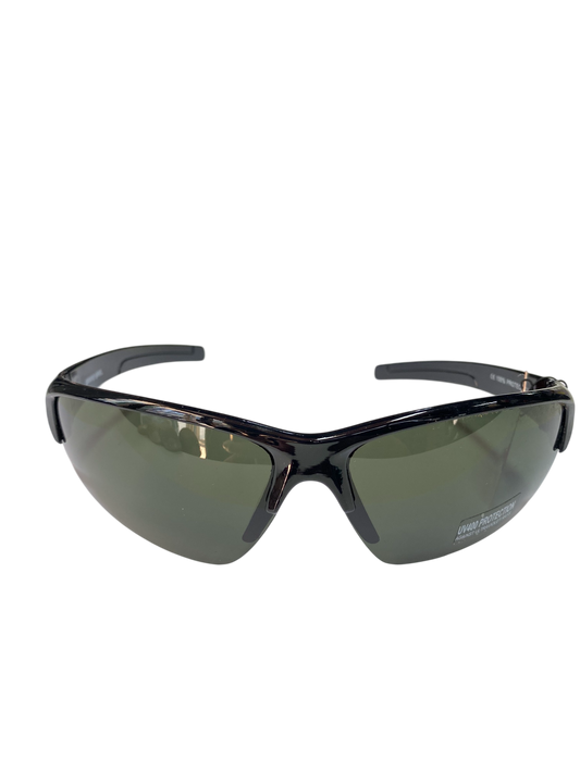 Black sunglasses with green lenses on a white background